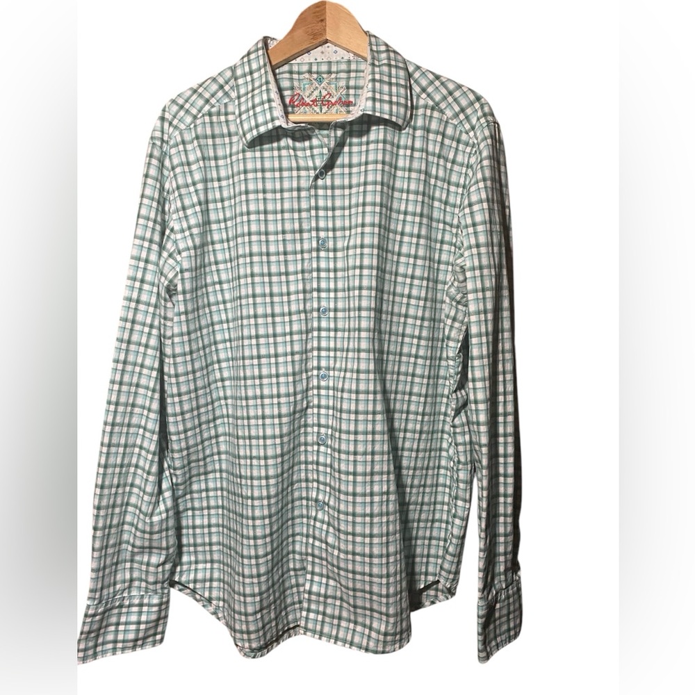 Robert Graham Shirt Mens xLarge Button front  Flip Cuff Embroidered blue green
